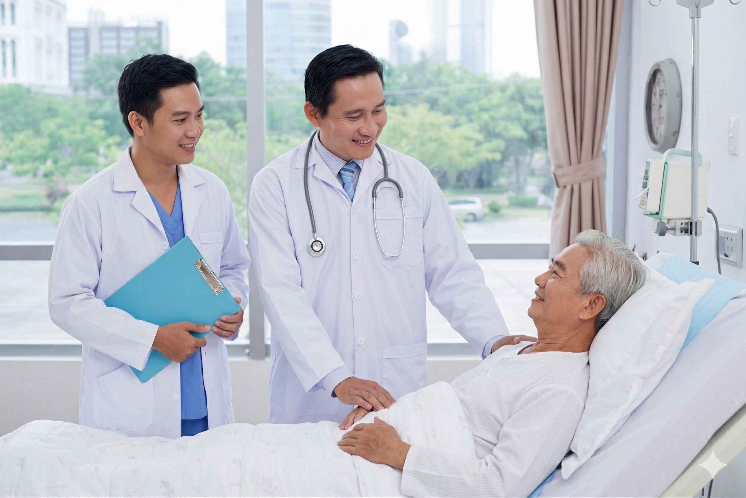 Physician reviewing operations dashboard in clinical corridor